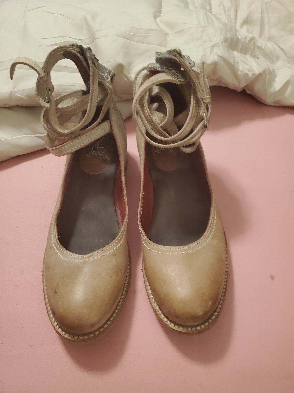 freebird Beige Wrap-Ankle Round-Toe Flats